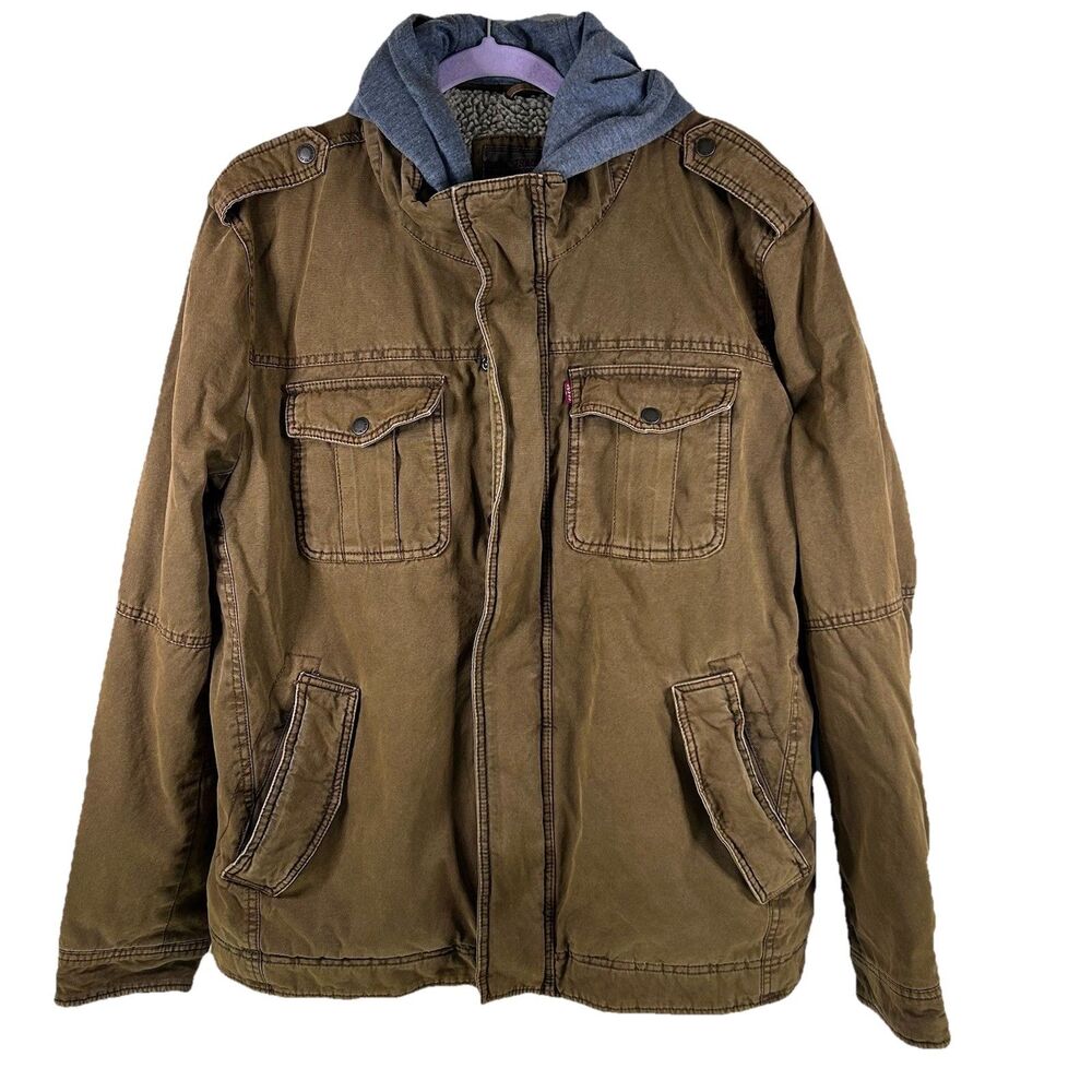 Levi's Men’s‎ Sherpa Lined 4-Pocket Hooded Trucker Jacket Worker Brown Sz XL